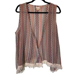 BELLE DU JOUR women plus sz 2X crochet knit vest open front fringe boho hippie